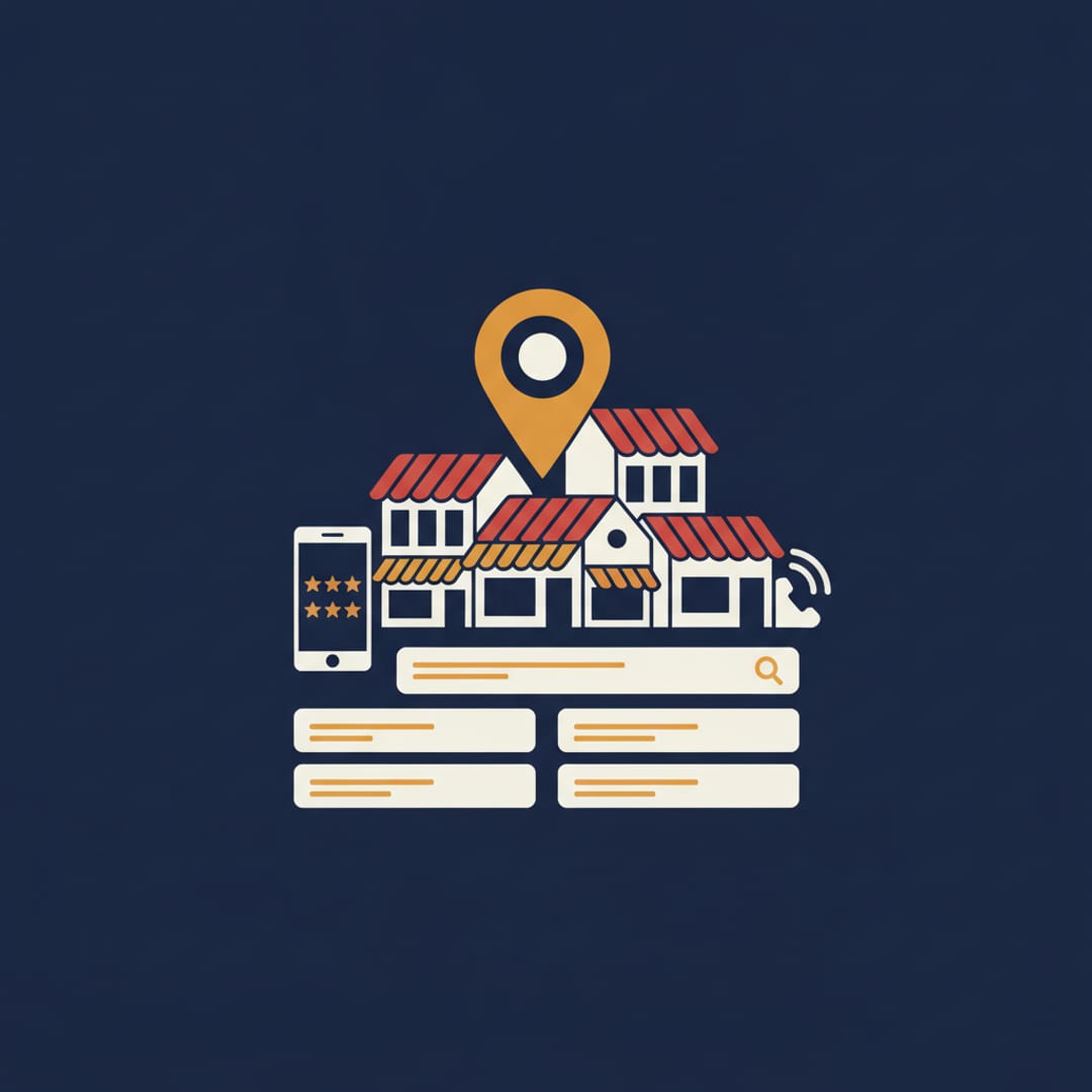Ilustración de una ficha de Google Mi Negocio en la pantalla de un celular, con un marcador de mapa sobre un comercio del Valle Central